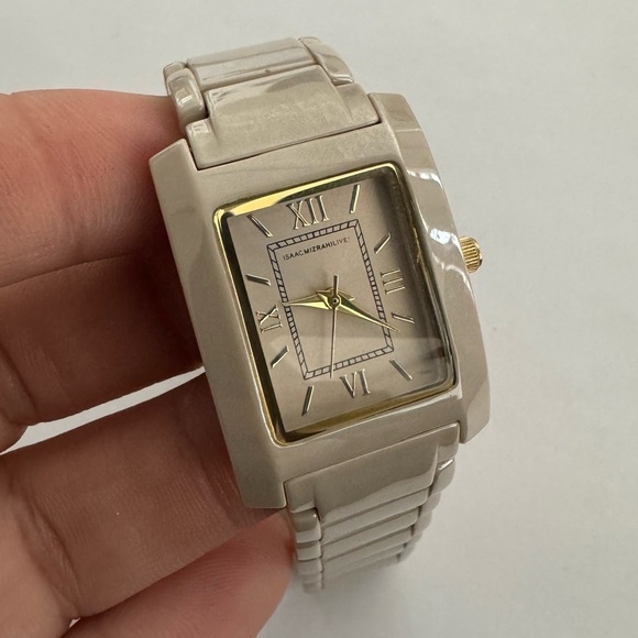 Isaac Mizrahi Live Ceramic Rectangular Dial Pale Taupe Gold Tone Watch